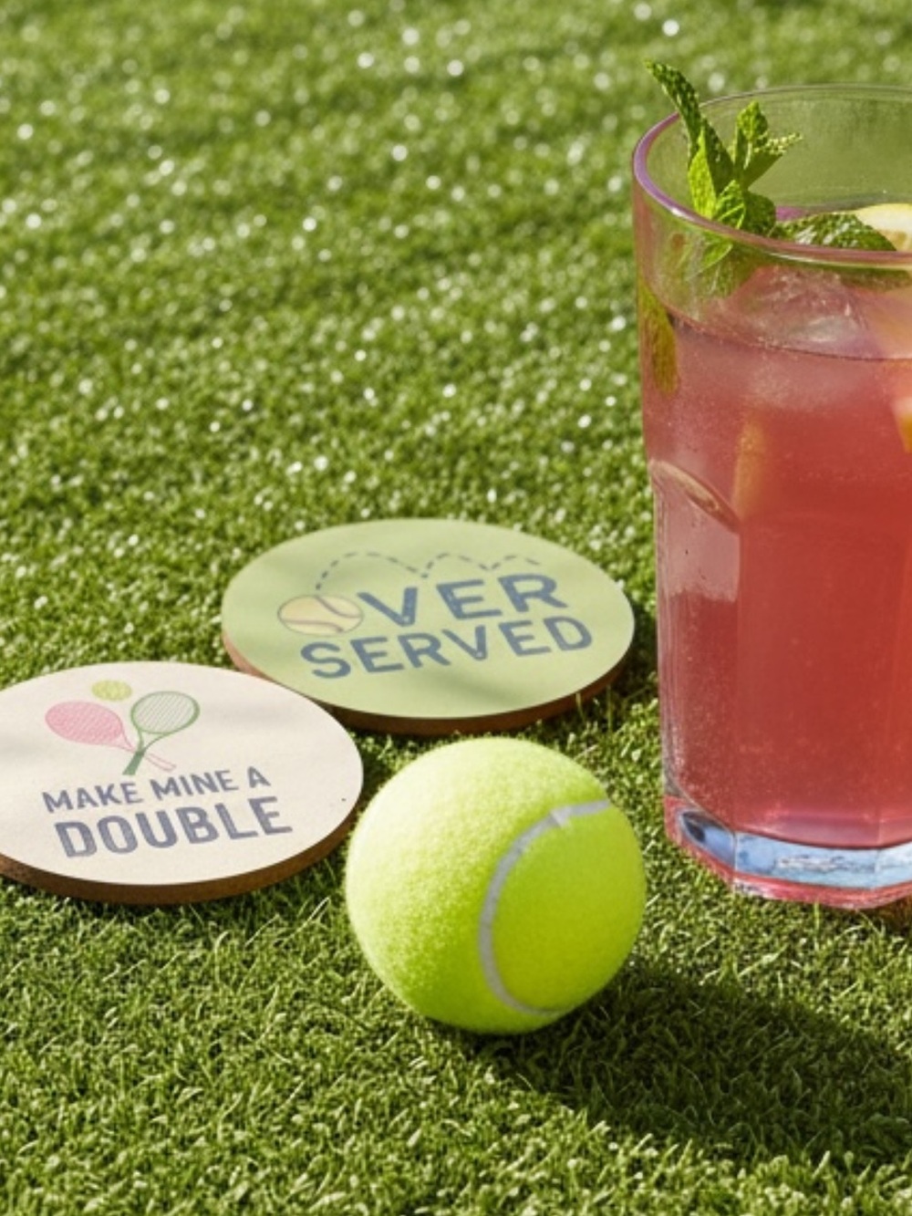 Mud Pie Tennis Pickleball Party Drink Bar Cork Coasters Pink & Green Set of Five
